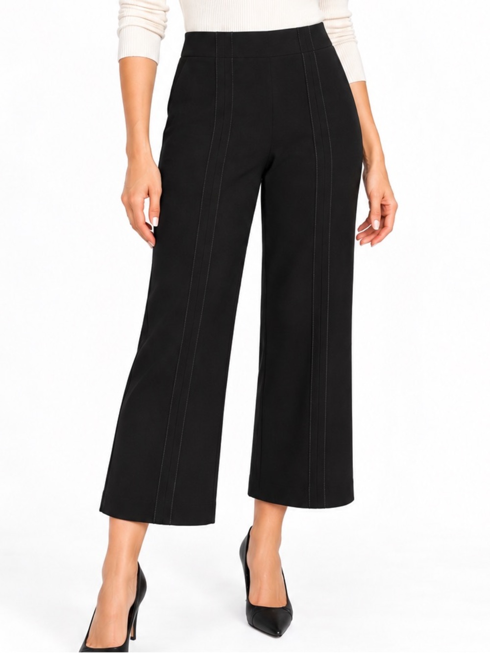 Tahari Black Pull On Crop Pants Size Large Wide Leg Stretch